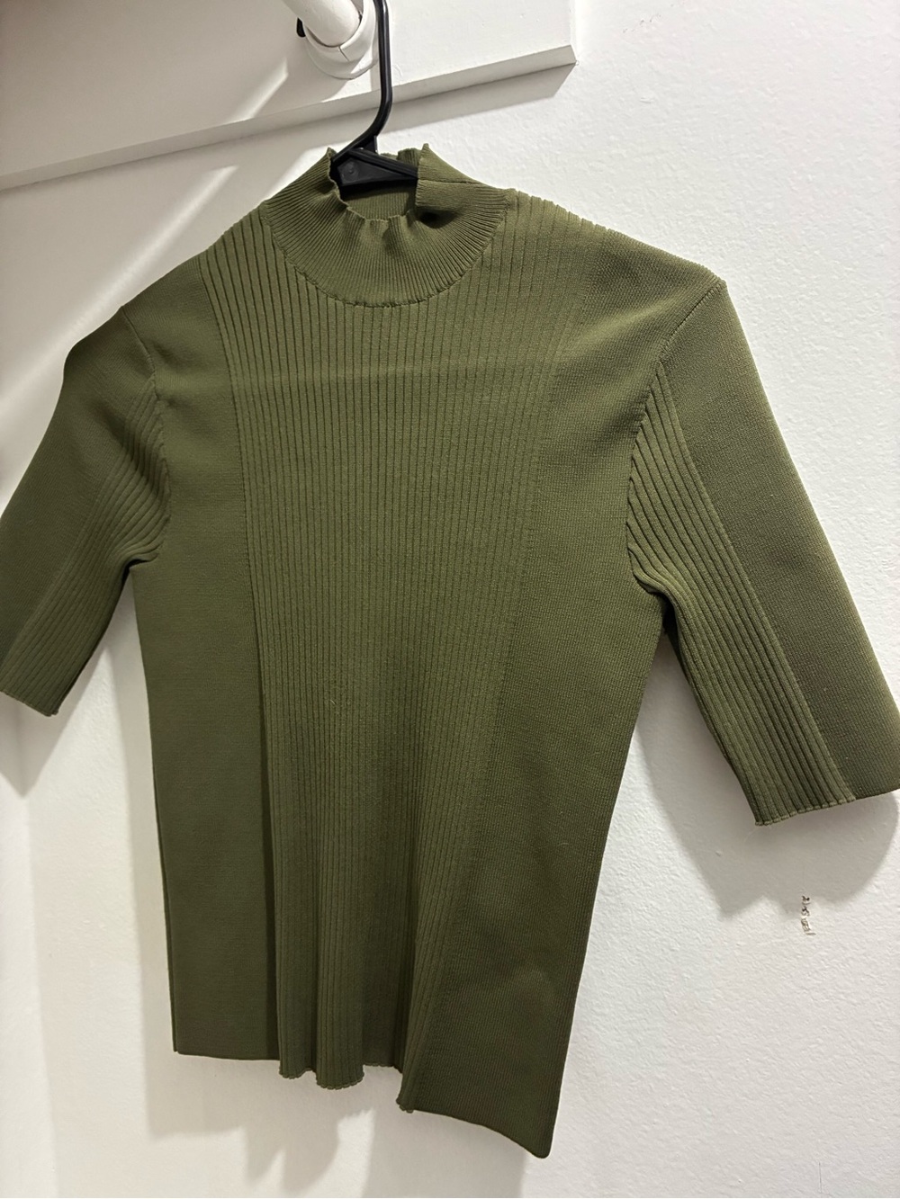 Olive Green Ribbed Mid Sleeve Mock Neck Top